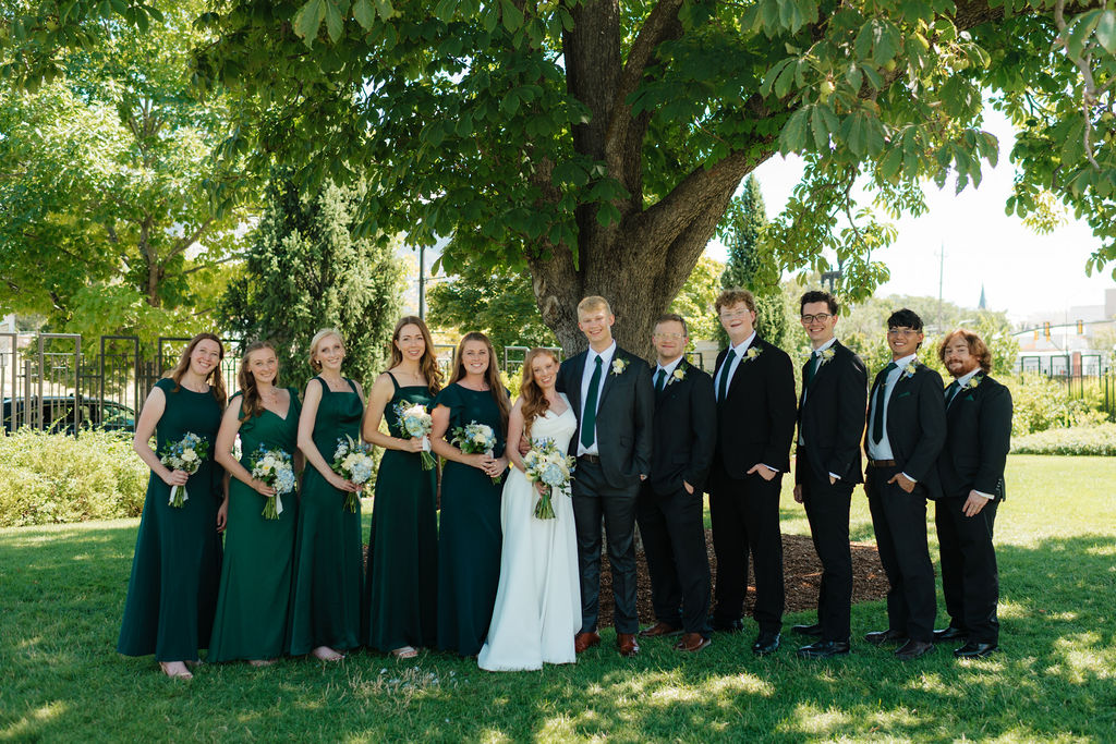 green and black wedding party during an august wedding photgraphed on the ogden temple grounds by utah wedding photographer sarah mismash