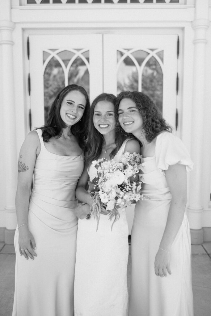 Bride with Her Bridesmaids, Black and White Portrait at the provo city center temple